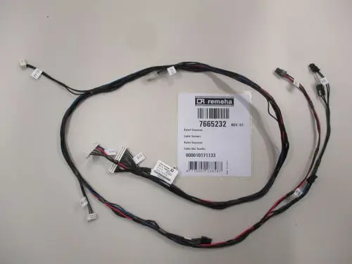 Kabelbaum mit mehreren Anschlusssteckern, beschriftet, mit einem Etikett der Marke Remeha. Kabel für verschiedene Sensoren.